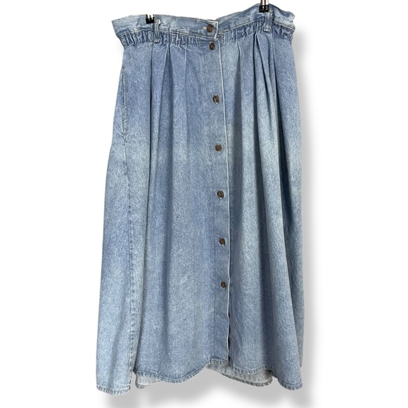 Vintage Dresses & Skirts - Vintage Denim Skirt Women Plus Size Elastic Waistband FLAWS Faded Blue Midi Jean